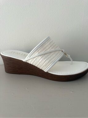 Italian Shoemakers White Braided-Strap Wedge Sandal with Wood-Effect Heel